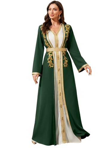 Elegant Muslim Dress with Gold Embroidered Evening Gown, Traditional Islamic Attire - color: Dark Green, size: Medium