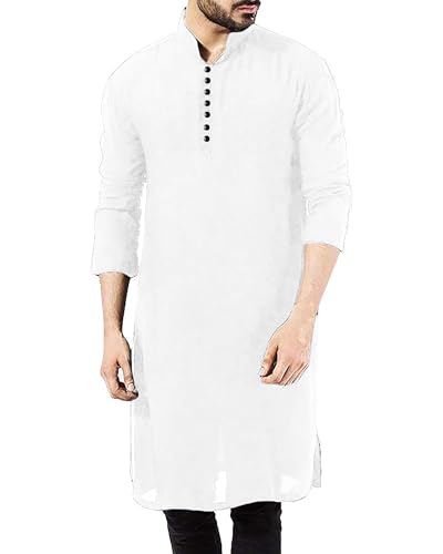 YAOHUOLE Men's Long Sleeve Muslim Thobe Robe Button Up Kaftan With Side Split and Pockets - color: 02white, size: Large