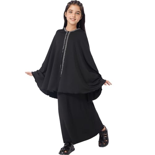 Lenmipot Kids Jilbab 2pcs Abaya Girls Muslim Prayer Dress Kids Eid Full Cover Abaya Dress Set Islamic Prayer Jilbab for Girl - color: Blacka, size: 9-10 Years
