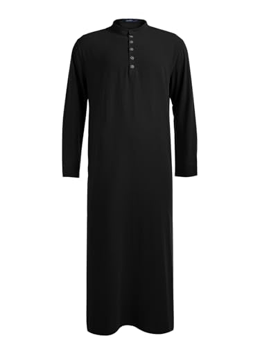 Jacansi Men's Muslim Buttoned Thobe Long Tunic, Oversized & Extra Long, Arabic Style with Pockets - color: Black, size: Large
