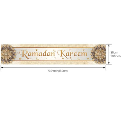 Ramadan Mubarak Table Runner - White & Gold Silk, 13.8x71 inches - size: White Ramadan Mubarak