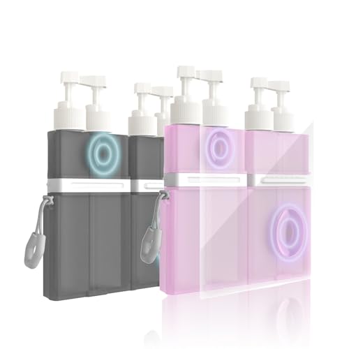 2P 4 in 1 Travel Toiletry Containers,TSA Approved Refillable Travel Size Toiletries Bottles Set with Suction Cup for Smooth Walls - for Shampoo,Conditioner,Body Wash,Lotion. (Pink+Grey) - color: Pink+grey