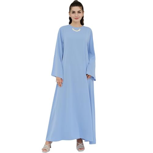 Abaya Dress for Muslim Women Light Smooth Back Zipper Prayer Robe Multiple Colors Flowing Maxi Abaya Dress with Belt - color: Sky Blue, size: Small