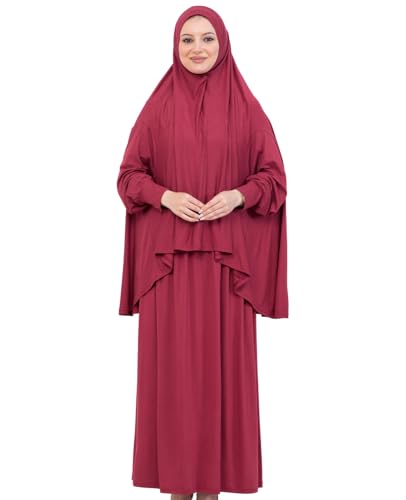 Prien Soft Prayer Dress For Women, Muslim Abaya Hijab Set, Long Turkish Cotton Praying Outfit, Islamic Clothes For Ramadan - color: Burgundy