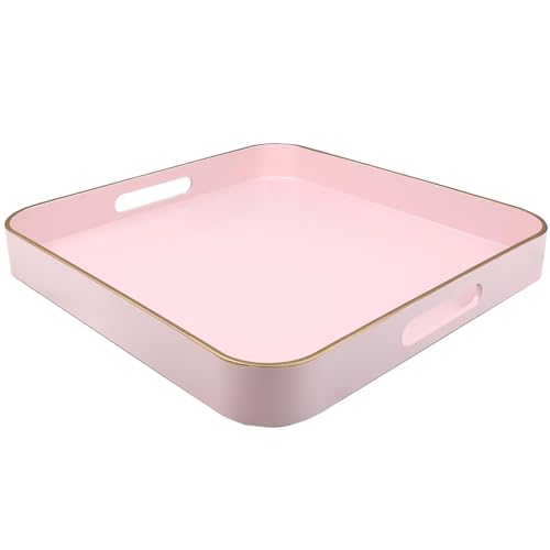 Pink Square Decorative Tray with Handles, 13"*13" Versatile Serving Tray for Coffee Table, Ottoman, Ideal for Serving, Displaying, Organizing - color: S Pink, size: 13" x 13" x 1.6"