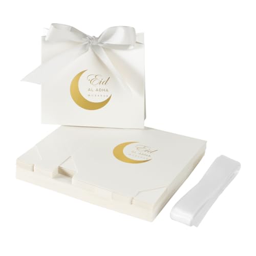 20 Pack Eid Party Favor Box, Eid Moon Candy Box, Ramadan Mubarak Party Goodie Box, DIY Eid Treat Paper Box with Ribbon Bow, Islam Muslim Wedding Festival Candy Box, Chocolate Cookie Souvenir Boxes for Eid Party Supplies Gold Castle Goodie Present Bag - co