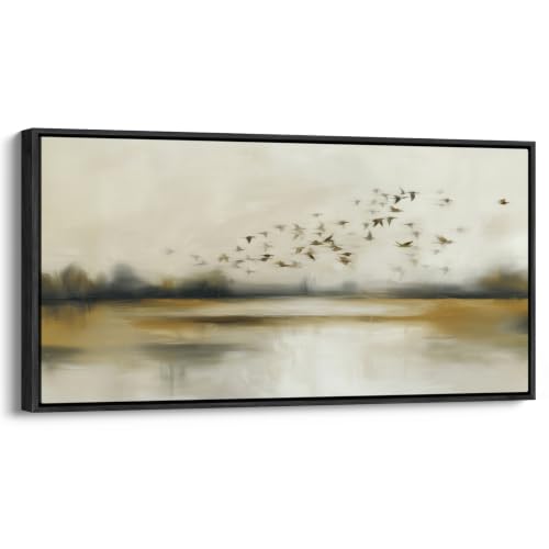 wall26 Extra Large Framed Wall Art Canvas Print - Abstract Flying Birds Wetland Landscape - Contemporary Artwork for Living Room Bedroom Office - 60"x30" Black - color: A10-2608-M24, size: 60"L x 30"W, style: Black Frame