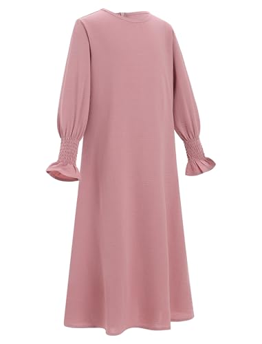 OBEEII Abaya for Girls Muslim Long Sleeve Prayer Dress Ramadan Kaftan Abaya with Hijab Islamic Clothing Arabic Eid Robe - color: Pink, size: 3-4T