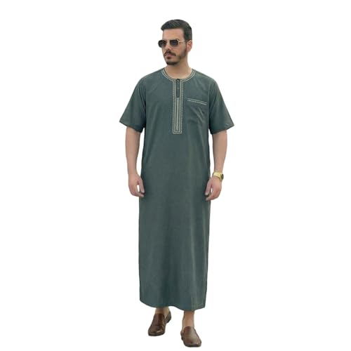 Muslim Thobe For Men Embroidery Mogadishu Short Sleeve Crew Neck Robe Jubba Prayer Kaftan Comfortable Arabic Abaya - color: Army Green, size: Small