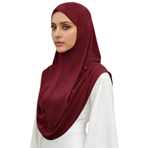 Instant Hijab Ready To Wear Hijab Scarf for Women Soft Long Muslim Jersey Hijabs Head Scarf for Prayer Abaya - color: Wine Red