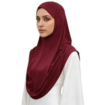 Instant Hijab Ready To Wear Hijab Scarf for Women Soft Long Muslim Jersey Hijabs Head Scarf for Prayer Abaya - color: Wine Red