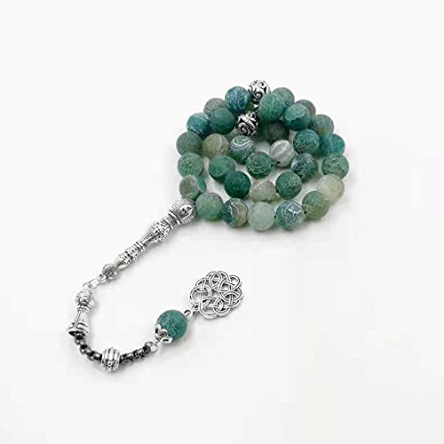 Tasbih Natural Green Agate Stone Blue Metal Tassel 33 45 66 99 Prayer Beads Islamic Fashion Stone Muslim Rosary (10mm x 66beads) - size: 10mm x 66beads