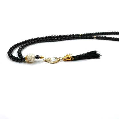 BAYKUL Muslim Prayer Beads 99, Islamic Rosary with Silver Allah Muhammad Engraved Tasbih, Zikr Namaz Worship Ramadan Tesbih Bracelet - color: Dark Pearl