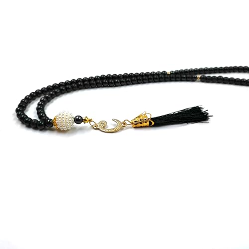 BAYKUL Muslim Prayer Beads 99, Islamic Rosary with Silver Allah Muhammad Engraved Tasbih, Zikr Namaz Worship Ramadan Tesbih Bracelet - color: Dark Pearl