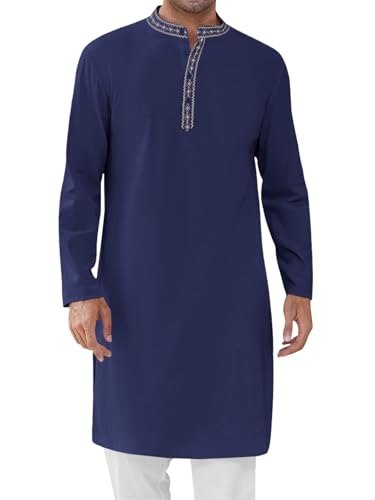 Runcati Mens Cotton Kaftan Robe Long Sleeve Button Down Henley Shirts Thobe Casual Side Split Gown Shirt - color: Navy, size: X-Large
