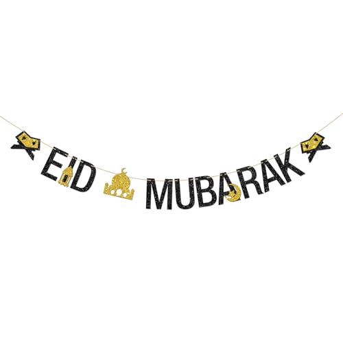 Eid Mubarak Banner, Ramadan Mubarak Party Decorations, Happy Eid Party Banner, Ramadan Themed Party Decoration Suppllies, Black Glitter