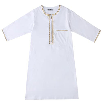 IDOPIP Muslim Boys Thobe for Kids Islamic Arabic Middle East Loose Kaftan Robes Long Zipper Prayer Thobes Dress with Pockets - color: White - Zipper, size: 4-5 Years