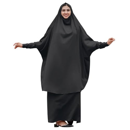 Abayas for Women Muslim Chiffon Prayer Burqa Dress Burkas for Women Muslim Hijab Dress Full Length Islamic Veil Abaya Set - color: Black