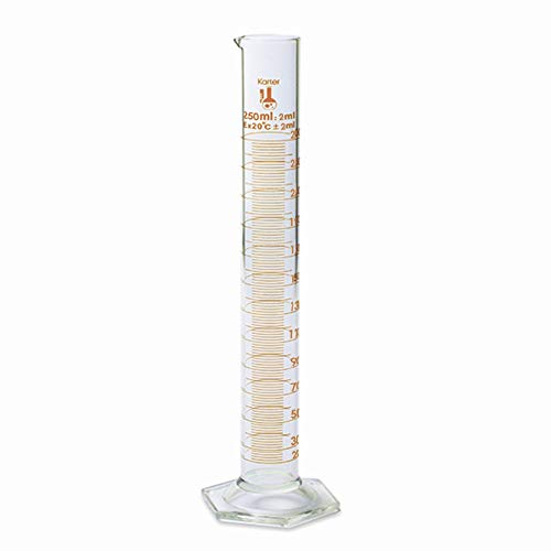 250ml Graduated Cylinder, Borosilicate 3.3 Glass, Single Metric Scale, Class B, Karter Scientific 213I13 (Single) - size: 250ml, style: Pack of 1