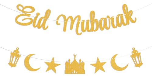 Eid Mubarak Banner - Happy Eid Party Decor, Moon and Star Ramadan Home Mantel Fireplace Decoration Gold Glitter