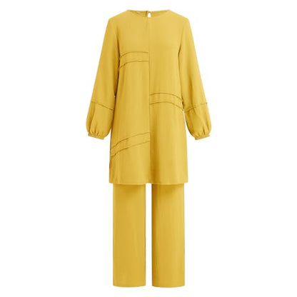Abayas Dress For Women Muslim Long Sleeve Loose Top Pants 2 Pcs Dubai Islamic Muslim Women Matching Sets - color: Yellow Cc, size: Small