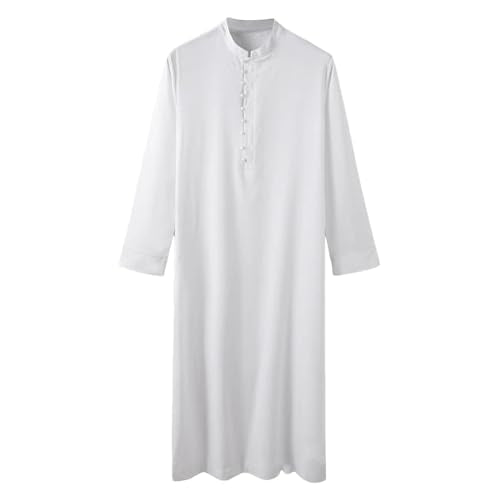 Men’s Muslim Islamic Thobe Robe Kaftan Long Sleeve Jubba Arabic Dubai Ethnic Prayer Gown with Pocket A19 - color: White, size: Large