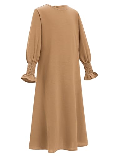 OBEEII Abaya for Girls Muslim Long Sleeve Prayer Dress Ramadan Kaftan Abaya with Hijab Islamic Clothing Arabic Eid Robe - color: Khaki, size: 11-12 Years