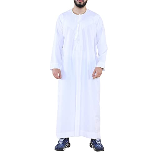 Mens Thobe Jubba Islamic Clothing Muslim Kaftan Emirati Omani Robe Arab Tassel - color: White, size: X-Large