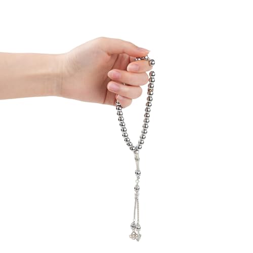 Islamic Prayer Beads 33 Beads Natural Shungite Stone Handmade Misbaha Tasbih for Dhikr, Quran, Misbaha, Muslim Gift Rosary - color: Silver