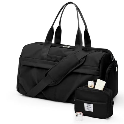 Gym Bag for Women Men, Sport Duffel Bag with Toiletry Bag & Shoe Compartment,Waterproof Travel Weekender Overnight Carry on Bag for Yoga with Trolley Sleeve, Black Set - color: A-Black Set