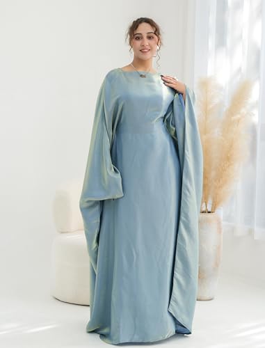 Dubai Bat Sleeve Dress Shiny Robe for Women Muslim 1pc Abaya Eid Prayer Clothes Soft Dubai Travel Party Dress Maxi Abaya - color: Greena, size: Medium