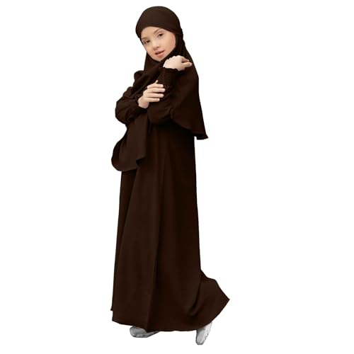Muslim Dress for Baby Kids Girl Toddler Abaya Kaftan Prayer Long Sleeve Dress Dubai Ramadan Hijab Set Clothes - color: Brown, size: 3-4T
