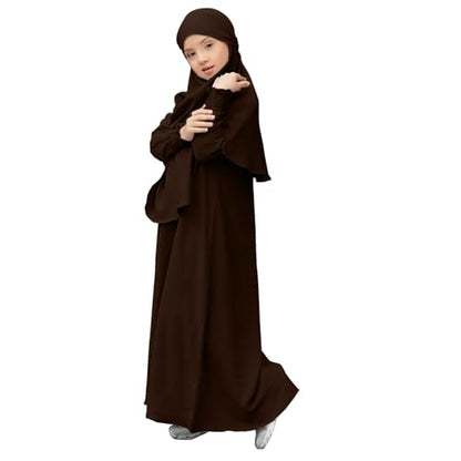 Muslim Dress for Baby Kids Girl Toddler Abaya Kaftan Prayer Long Sleeve Dress Dubai Ramadan Hijab Set Clothes - color: Brown, size: 7-8 Years
