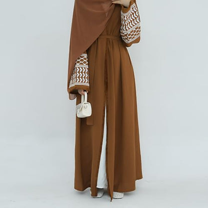 Muslim Abayas for Women Long Sleeve Embroidered Open Front Cardigan Turkey Dubai Maxi Kaftan Dress Ramadan Kimono with Belt - color: Coffee, size: X-Large