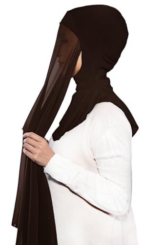 Lina & Lily Premium Chiffon Ninja Instant Hijab Scarf Stitched Jersey Cap Neck Cover Full Coverage - color: Dark Brown