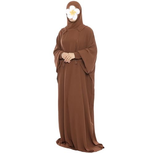 khalat Muslim Prayer Dress Abaya Solid One-Piece Hoodie Abaya Dress for Women Long Maxi Dress Islamic Dubai Jilbab - color: Coffee
