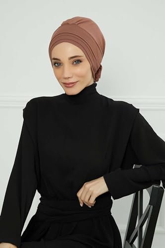 Aisha's Design Instant Turban Head Wraps for Women, Combed Cotton Scarf Lightweight Pre tied Hijab with Back Rose Detail - color: Caramel Brown