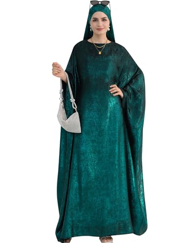 Luxury Dubai Style Abaya and Hijab Set, Breathable Modest Prayer Dress with Belt Loose Fit Muslim Robe - color: Emerald Forest, size: Large(2)