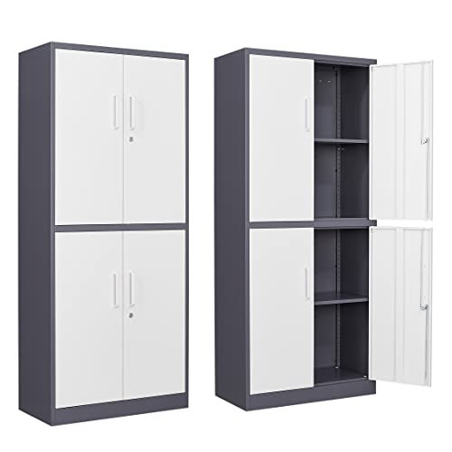 Metal Storage Locking Cabinet with 4 Doors and 2 Adjustable Shelves,71" Lockable Garage Tall Steel Cabinet,for Home Office,Living Room,Pantry,Gym,Commercial Storage (Gray White) - color: Gray White, size: 4 Door - 71"H