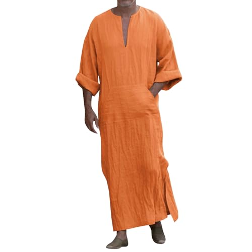 Mens Kaftan Thobe Short Sleeve V-Neck Linen Robe Big and Tall Muslim Robe Loose Lightweight Casual Long Sleeping Gown - color: B# Orange, size: Medium