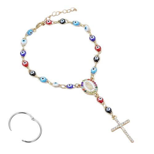 Car Rosary for Rearview Mirror,Golden Evil Eye Rearview Mirror Auto Rosary Beads Car Medal and Cross Hanging Accessories for Mirror Interior Decors for Women Men - size: Golden
