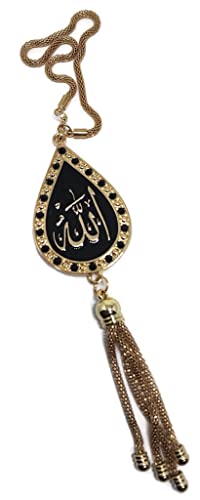 Car Rear Mirror Hanging Ornament with Hanging Chain AMN-352 Water Drop Design Allah Muhammad Names Islam Religious Metal Pendant Arabic Calligraphy Eid Ramadan Muslim Gift (Gold) - color: Gold