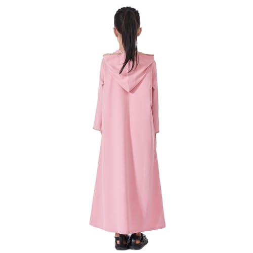 Kids Girls Abaya Muslim Long Sleeve Hooded Lace Embroidered Prayer Dress Arabic Kaftan Dubai Islamic Dresses - color: Pink Hoodies, size: 12-13 Years