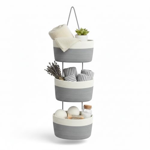 3-Tier Woven Cotton Rope Hanging Basket, Over the Door Organizer, Adjustable Detachable Wall Basket with Metal & Adhesive Hooks, No Drilling for Farmhouse, Boho Home and Wall Decor - style: White&Grey