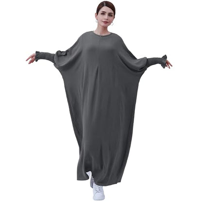 khalat Womens Muslim Prayer Dress Front Zipper Kaftan Islamic Robe Modest Solid Abayas for Women Muslim - color: Dark Gray