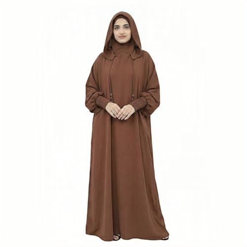 Abaya Muslim Dress Women Prayer Dress Long Sleeve Hooded Loose Maxi Dress Arabian Dubai Islamic Clothes - color: Brown