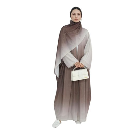 Muslim Women Abaya Gradient Flash Cardigan Sequin Robe with Hijab | Gradient Color, Flash Sequin, Scarf Hijab - color: 커피., size: M