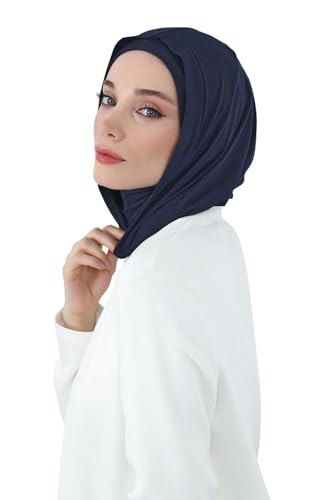 Aisha's Design Full Coverage%95 Cotton Bonnet for Women, Ready-to-Wear Hijab Bonnet Headscarf with Neck Coverage - color: Navy Blue