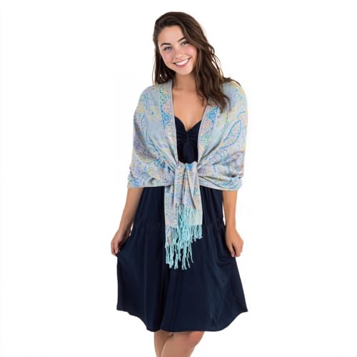 TUSHUSTY Pashmina Feel Shawls Wraps Rave Scarf for Women Soft Silky Reversible Men Scarves Hijab - color: Light Blue Yellow