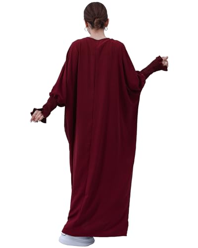 Muslim Prayer Abaya Islamic Women's Khimar Pure Color Hijab Dress Long Sleeve Dubai Kaftan - color: Winered